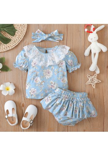 3pcs Baby Girl Allover Floral Print Blue Puff-sleeve Lace Top and Shorts with Headband Set