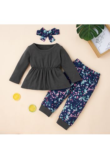 3pcs Baby Solid Long-sleeve Top and Floral Floral Print Trousers Set