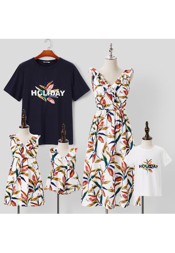 Family Matching All Over Floral Print Cross Wrap V Neck Sleeveless Dresses and Letter Print Short-sleeve T-shirts Sets