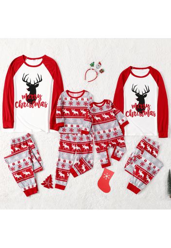 Christmas Deer and Letter Print Family Matching Red Raglan Long-sleeve Pajamas Sets (Flame Resistant)