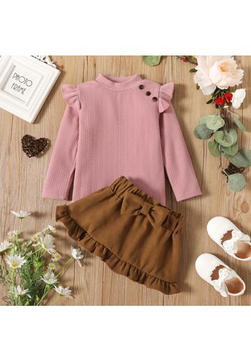 2-piece Toddler Girl Textured Button Design Mock Long-sleeve Top and Bowknot Ruffled Skirt Set