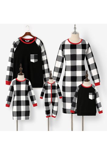 Christmas Family Matching Black Plaid Long-sleeve Dresses and Raglan-sleeve Splicing Sweatshirts Sets