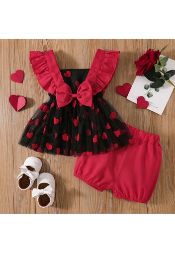 2pcs Baby Girl All Over Red Love Heart Mesh Ruffle Bowknot Sleeveless Dress and Solid Shorts Set