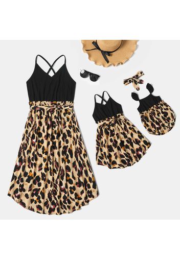 Leopard Print Sleeveless Matching Black Midi Sling Dresses