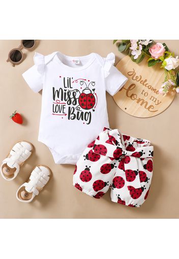 2pcs Baby Girl Cotton Ruffle Short-sleeve Letter and Ladybug Print Romper and Shorts Set