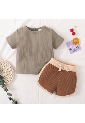 2pcs Baby Girl 100% Cotton Crepe Short-sleeve Top and Colorblock Ribbed Shorts Set