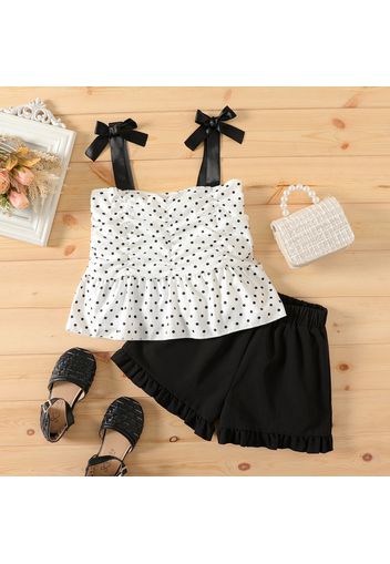 2pcs Kid Girl Polka dots Bowknot Design Ruched Camisole and Ruffled Black Shorts Set