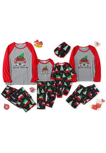 Christmas Tree in Car and Letter Print Family Matching Raglan Long-sleeve Pajamas Sets (Flame Resistant)