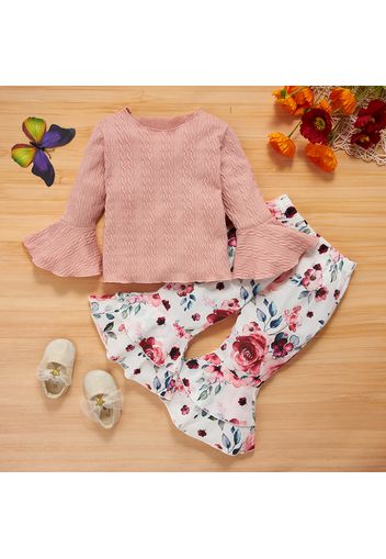 2pcs Baby Solid Bell Sleeve Top and Floral Print Bell Bottom Pants Set