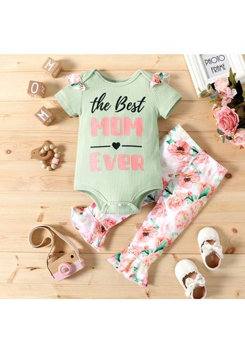 2pcs Baby Girl Letter Print Ribbed Long-sleeve Romper and Floral Print Bell Bottom Pants Set