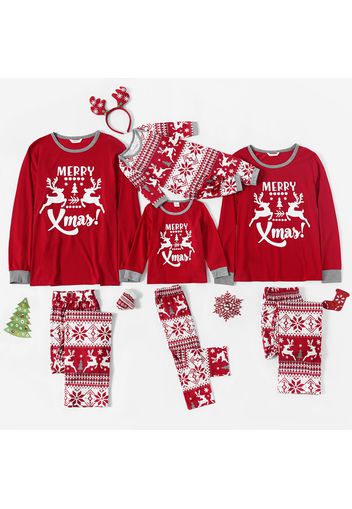 Merry Xmas Deer and Letter Print Red Family Matching Long-sleeve Pajamas Set (Flame Resistant)