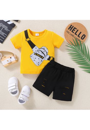 2pcs Baby Boy 95% Cotton Short-sleeve Crossbody Bag Print T-shirt and Ripped Shorts Set