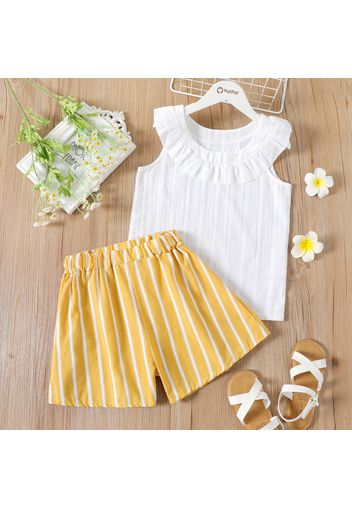 2-piece Kid Girl Flounce Sleeveless Solid Color Tee and Elasticized Stripe Shorts Set