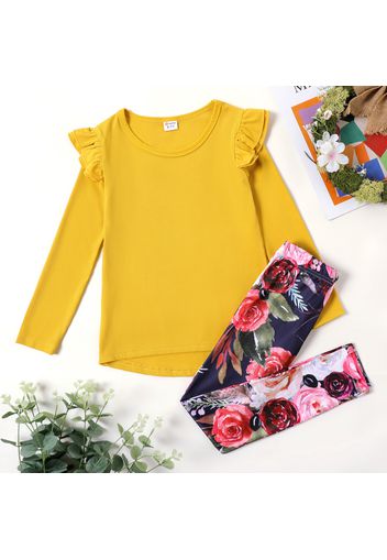 2-piece Kid Girl Ruffled Long-sleeve Tee and Floral Print Pants Set