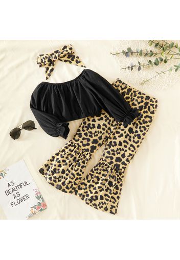 3-piece Toddler Girl Off Shoulder Ruffle-sleeve Black Top, Leopard Flared Pants and Headband Set