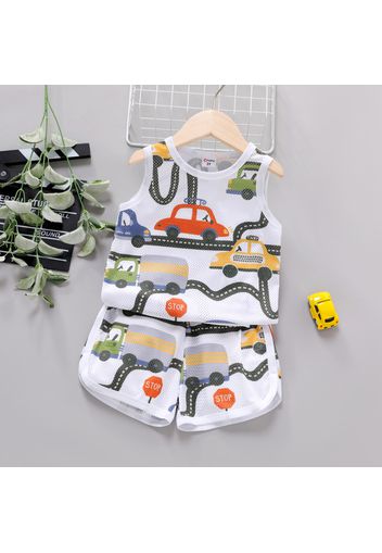 2pcs Toddler Boy Vehicle Car Print Tank Top and Elasticized Shorts Set