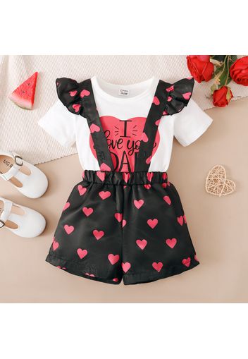 Father's Day 2pcs Toddler Girl Letter Heart Print Short-sleeve Tee and Ruffled Suspender Shorts Set