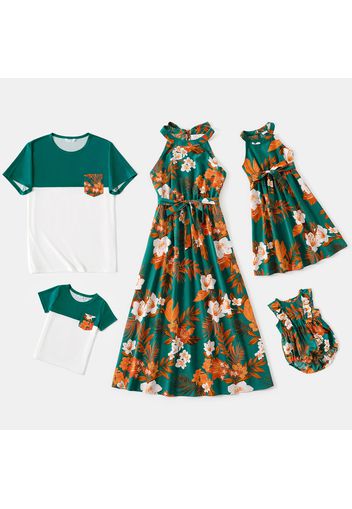 Family Matching Floral Print Green Sleeveless Halter Neck Dresses and Short-sleeve Splicing T-shirts Sets