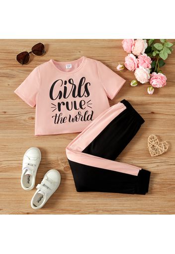 2pcs Kid Girl Letter Print Short-sleeve Pink Tee and Colorblock Pants Set