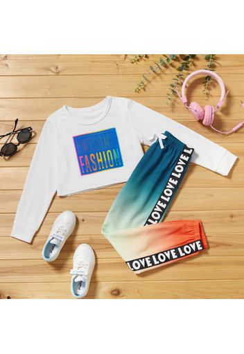 2-piece Kid Girl Letter Print Colorblock Long-sleeve Top and Gradient Pants Casual Set