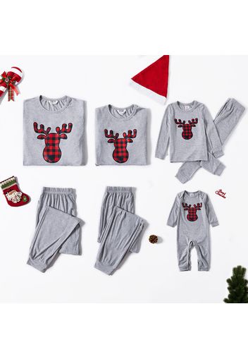 Christmas Plaid Deer Print Grey Family Matching Long-sleeve Pajamas Sets