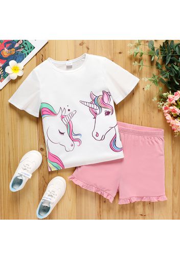 2pcs Kid Girl Unicorn Print Short-sleeve White Tee and Ruffled Pink Shorts Set