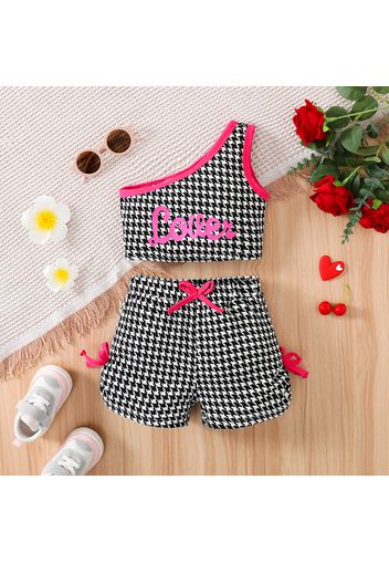 2pcs Toddler Girl Letter Print Houndstooth One Shoulder Tank Top and Bowknot Design Shorts Set