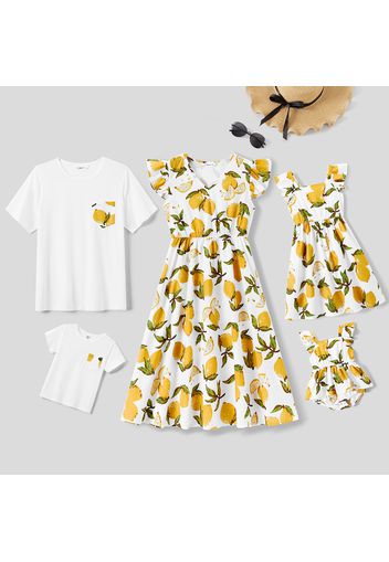 Family Matching All Over Yellow Lemon Print V Neck Flutter-sleeve Dresses and Short-sleeve T-shirts Sets