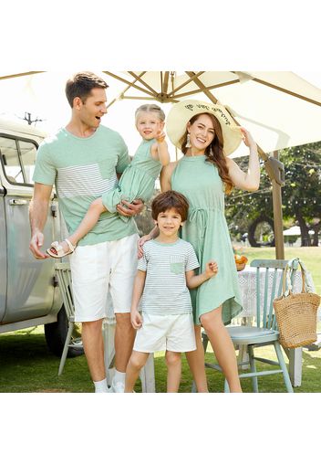 Family Matching Green Halter Neck Sleeveless Drawstring Dresses and Striped Splicing Short-sleeve T-shirts Sets