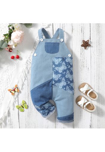 Baby Girl Butterfly Print Colorblock Spliced Denim Overalls