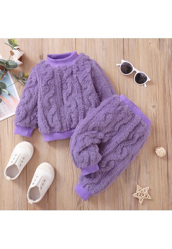 2pcs Baby Girl Solid Fuzzy Fleece Long-sleeve Pullover and Trousers Set