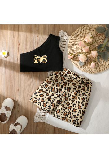 2-piece Toddler Girl Butterfly Print One Shoulder Black Top and Belted Leopard Print Shorts Set