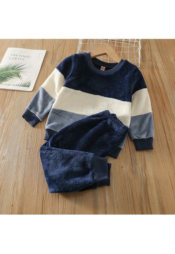 2-piece Toddler Boy Colorblock Fuzzy Flannel Fleece Pullover Sweatshirt and Solid Color Pants Set