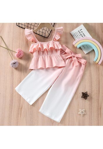 2pcs Baby Girl Pink Ruffle Trim Crepe Tank Top and Ombre Belted Pants Set