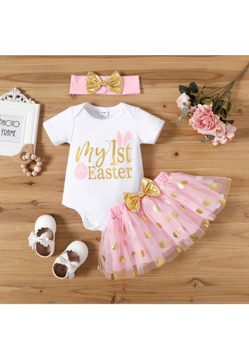 Easter 3pcs Baby Girl Letter Print Short-sleeve Romper and Glitter Dots Mesh Skirt with Headband Set