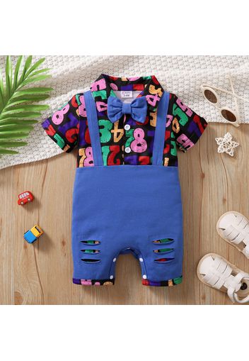 Baby Boy 95% Cotton Short-sleeve Bow Tie Decor Colorful Number Print Spliced Ripped Romper