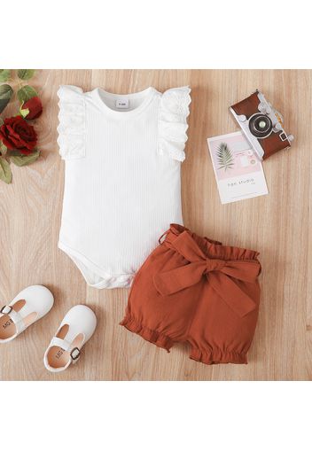 2pcs Baby Girl Ruffle Sleeveless Ribbed Romper and 100% Cotton Paperbag Waist Shorts Set