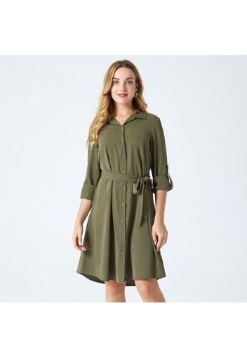 Nursing Green Button Placket Polo Collar Long-sleeve Belted Dress