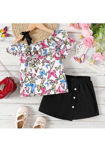 2pcs Kid Girl Butterfly Print Flounce Bowknot Design Short-sleeve Tee and Button Design Black Shorts Set