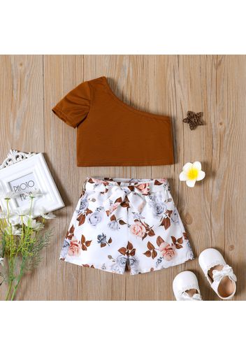 2pcs Toddler Girl One Shoulder Short-sleeve Brown Tee and Floral Print Belted Shorts Set