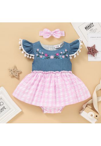 100% Cotton 2pcs Baby Girl Embroidered Denim Splicing Plaid Pom Poms Flutter-sleeve Romper with Headband Set