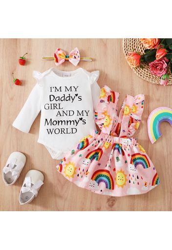 3pcs Baby Girl 95% Cotton Long-sleeve Letter Print Romper and Allover Sun & Rainbow Print Suspender Skirt with Headband Set