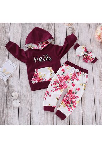 3pcs Letter and Floral Print Hooded Long-sleeve Crimson Baby Set