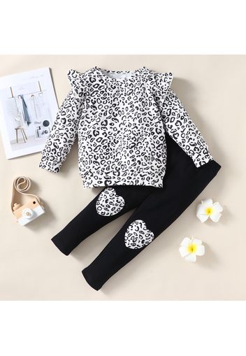 2-piece Toddler Girl Leopard Print Flutter Long-sleeve Top and Heart Pattern Pants Set