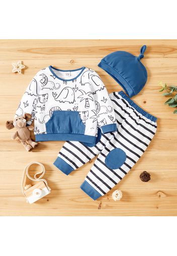 3-piece Baby Girl Animal Tree Print Long-sleeve Top, Striped Patchwork Pants and Solid Cap Set