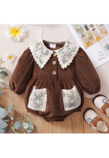 Baby Girl Lace Doll Collar Coffee Corduroy Long-sleeve Romper