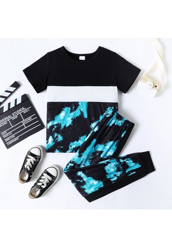 2pcs Kid Boy Tie Dyed Colorblock Short-sleeve Tee and Elasticized Pants Set