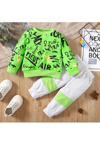 2pcs Baby Boy Allover Letter Print Long-sleeve Pullover Sweatshirt and Colorblock Sweatpants Set