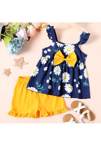 2-piece Kid Girl Floral Print Bowknot Design Camisole and Ruffled Yellow Shorts Set