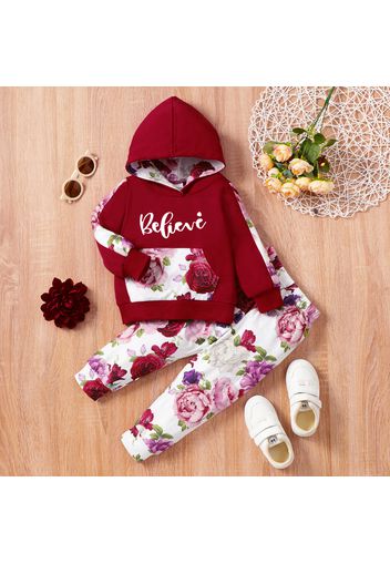 2-piece Toddler Girl Floral Letter Print Red Hoodie Sweatshirt and Elasticized Pants Set